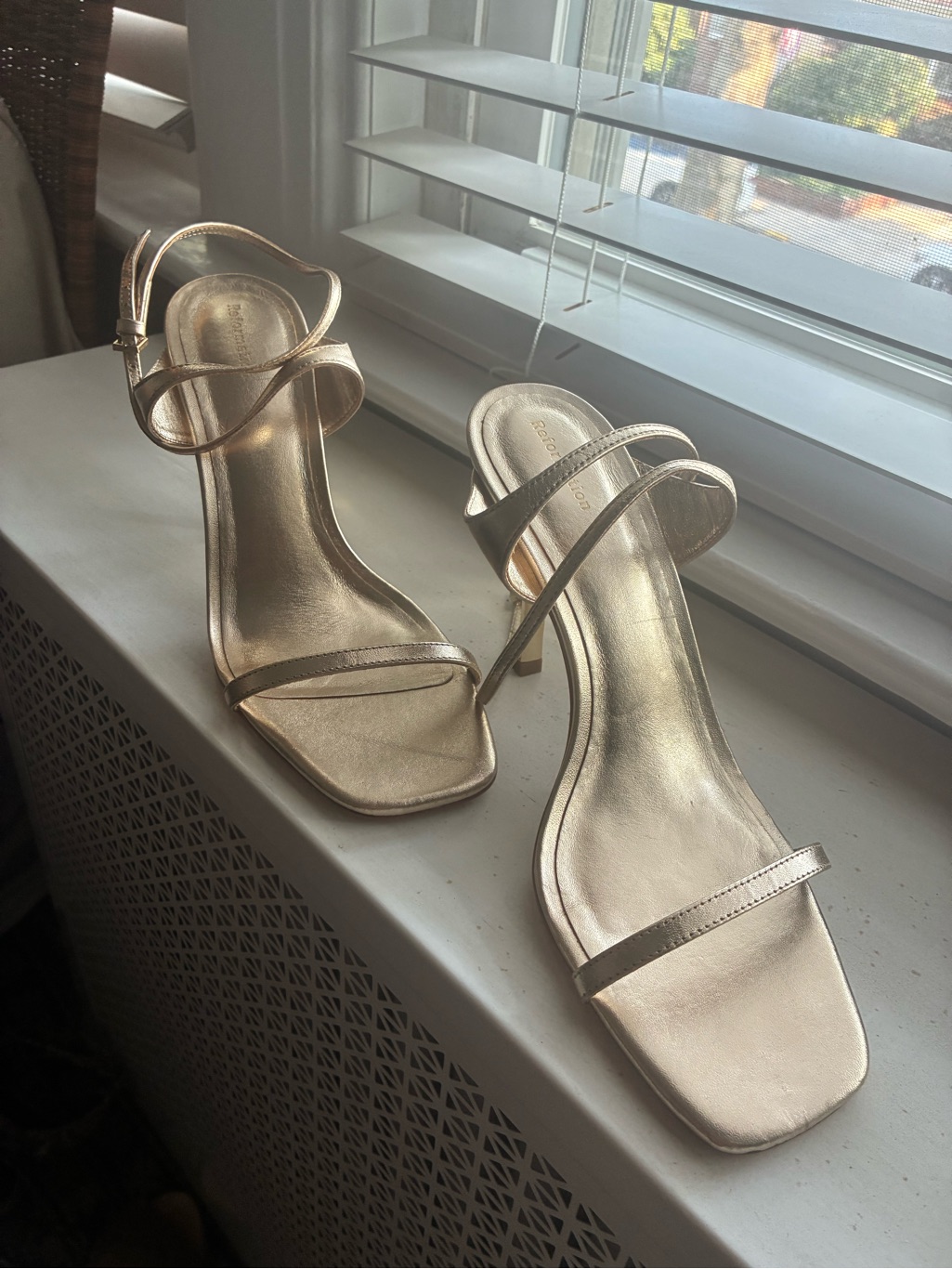 Reformation Metallic Gold Strappy Heeled Sandals